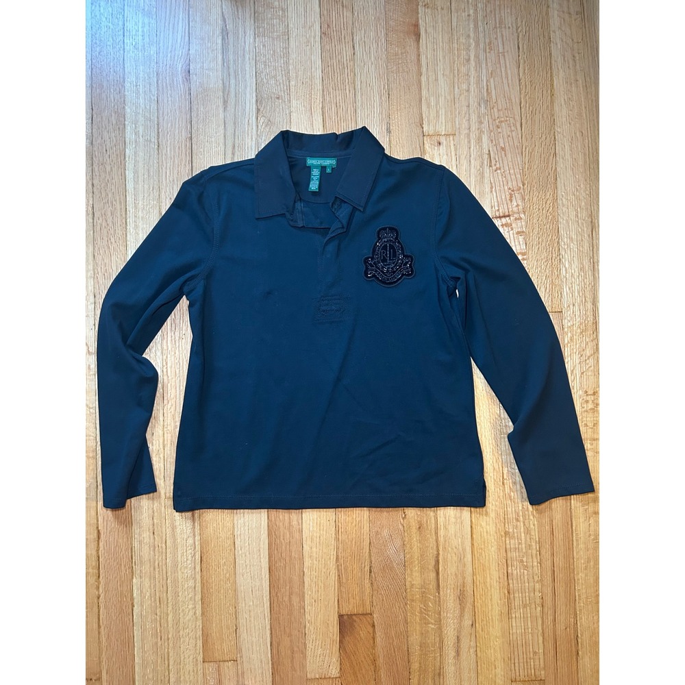 Lauren Ralph Lauren Black Long Sleeve Crest Polo Shirt Women Large